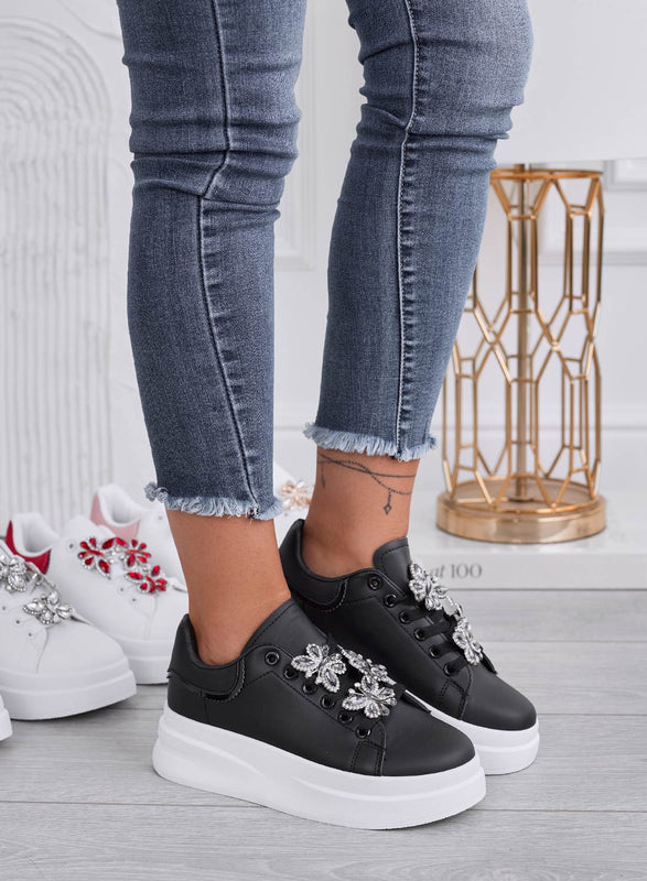 IRENE - Black sneakers with silver jeweled butterfly appliqué