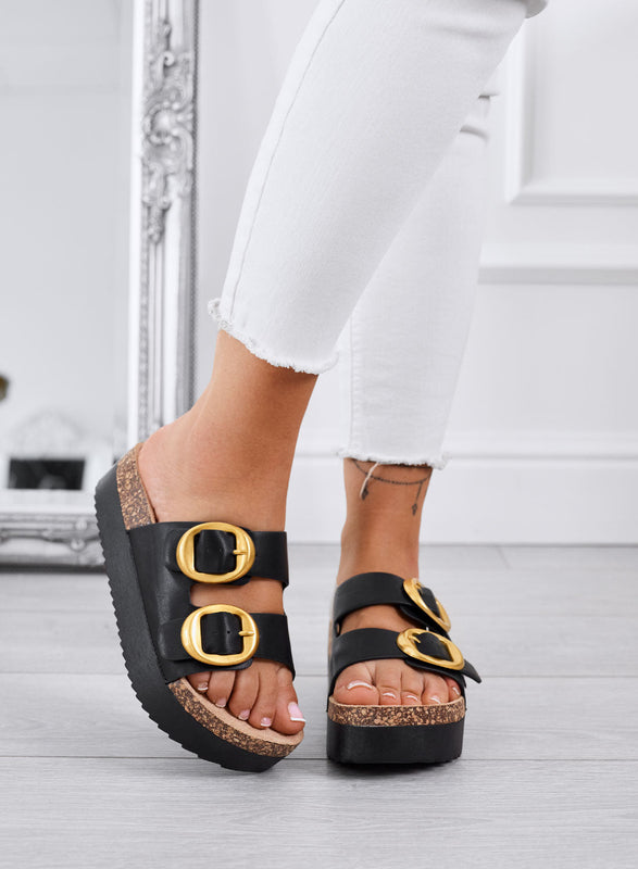 SOFIA – Black platform slide sandals with double gold buckle