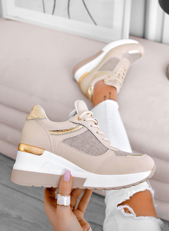 CAIRO - Beige sneakers with gold glitter fabric inserts