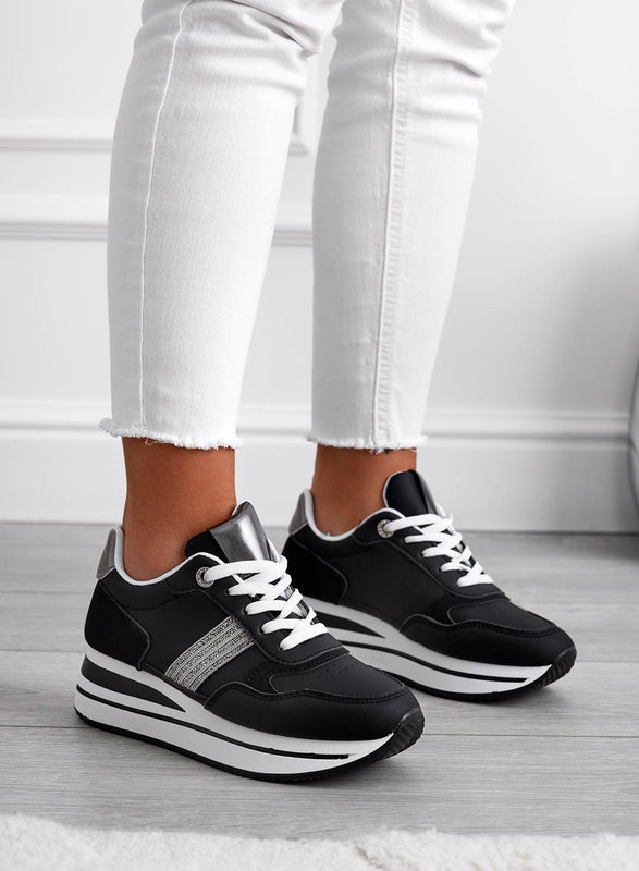 MARGOT - Black sneakers with silver inserts and rhinestones