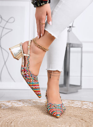 NICOLE – Multicolor pointed-toe woven pumps with ankle strap and gold block heel