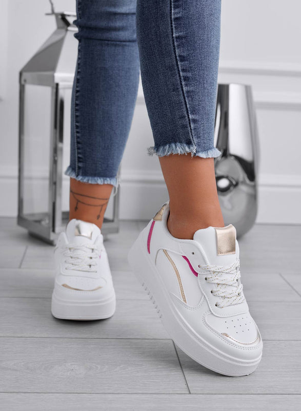 LORIS - White sneakers with fuchsia and gold inserts