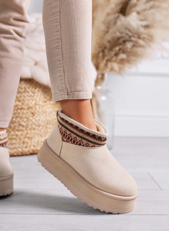 DYLAN - Beige padded ankle boots for women with ethnic pattern