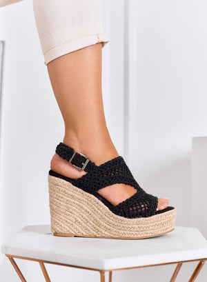 PEARL - Black sandals with rope wedge and crochet weave