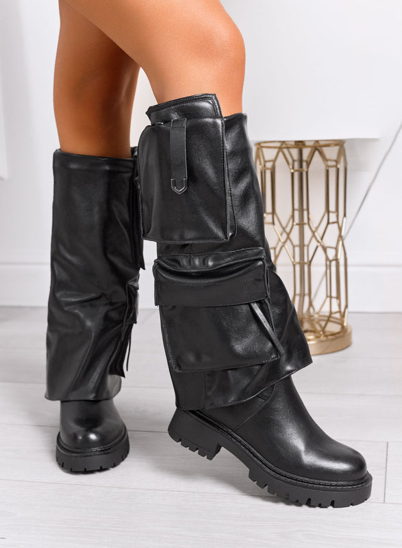 TEXI - Black knee-high boots with side pockets and chunky sole