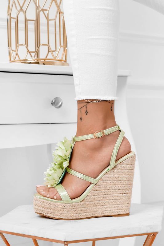 DIANA - Green satin espadrille sandals with applied flower