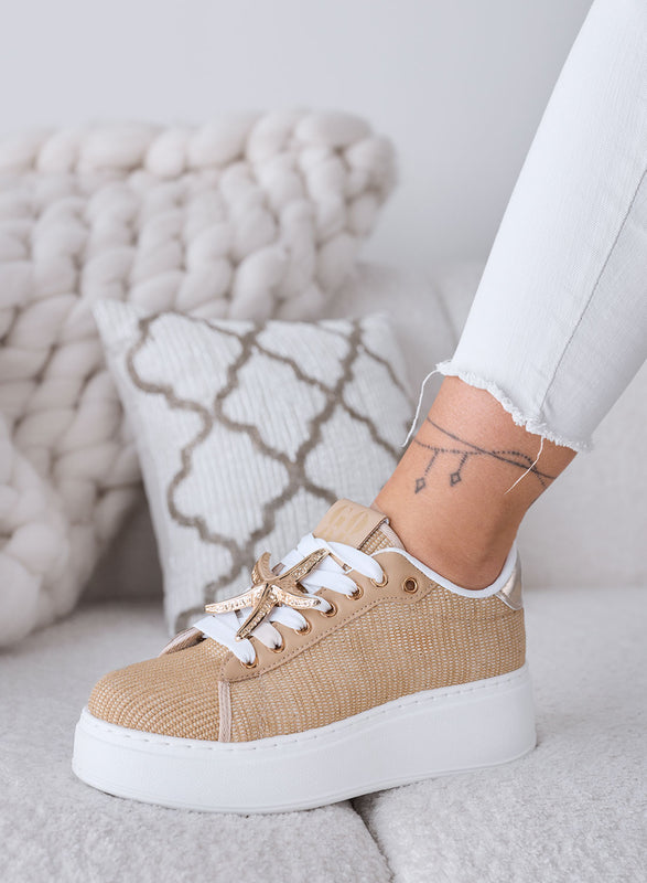 LINDA - Beige sneakers with gold jewel embellishments and platform sole