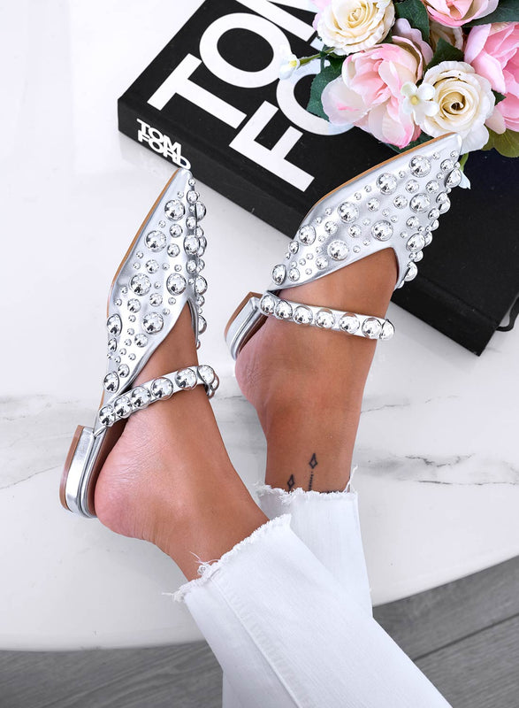 WILDA - Silver pointed mule ballet flats with ball studs