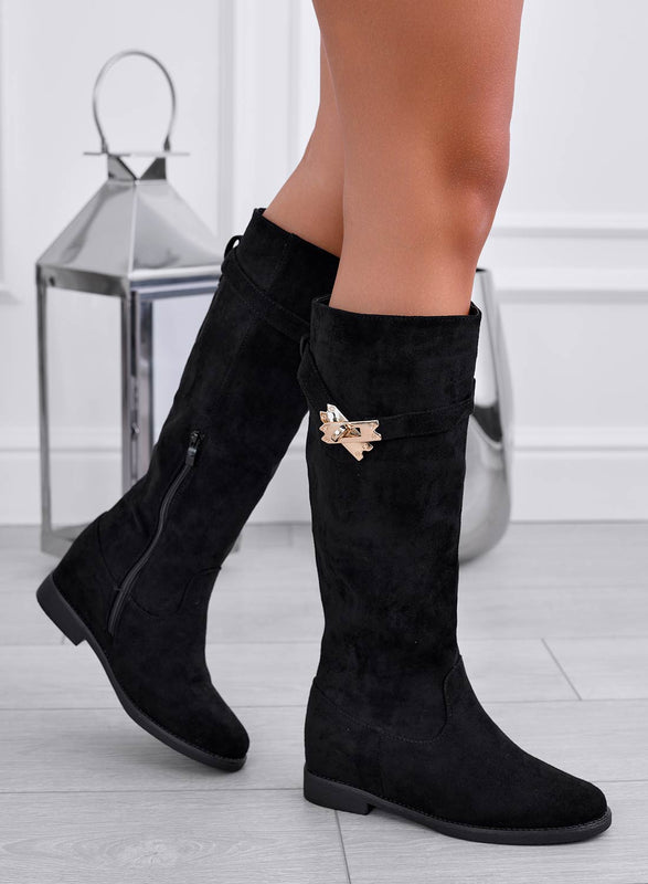 ARENA - Black suede boots with gold plaque