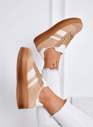 ROGER - Beige Suede Platform Sneakers with White Details