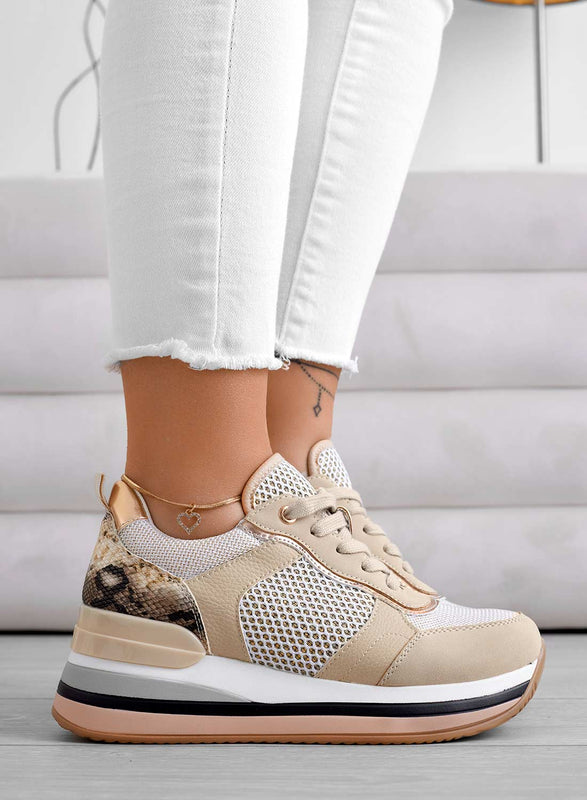 BALDWIN - Beige platform sneakers with python inserts