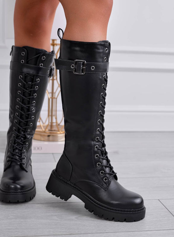 BAILEY - Bottes noires style militaire avec lacets et boucle
