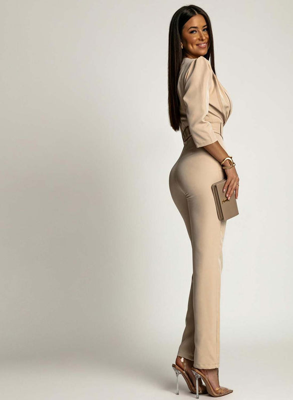 Beige jumpsuit with a waist belt