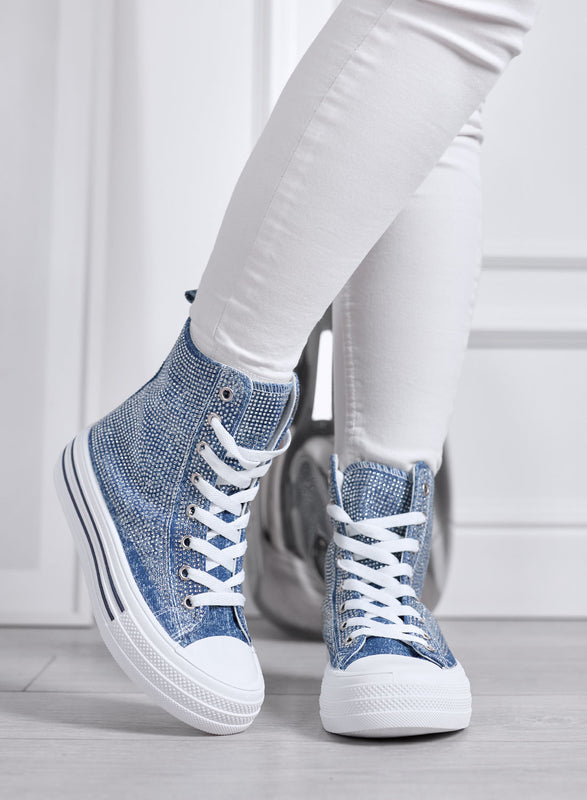 ROSALIA - High-Top Blue Jeans Sneakers with Rhinestones and Platform Sole