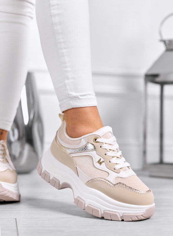 DELIA - Beige Sneakers with Gold Details and Chunky Sole