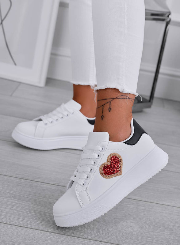 AMOUR - White sneakers with red glitter heart