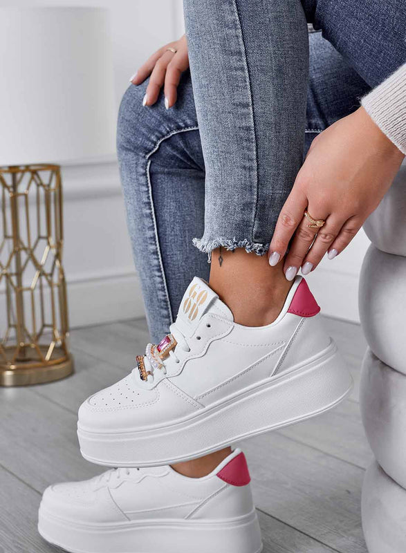 PETRA - White sneakers with jewel applications and fuchsia back