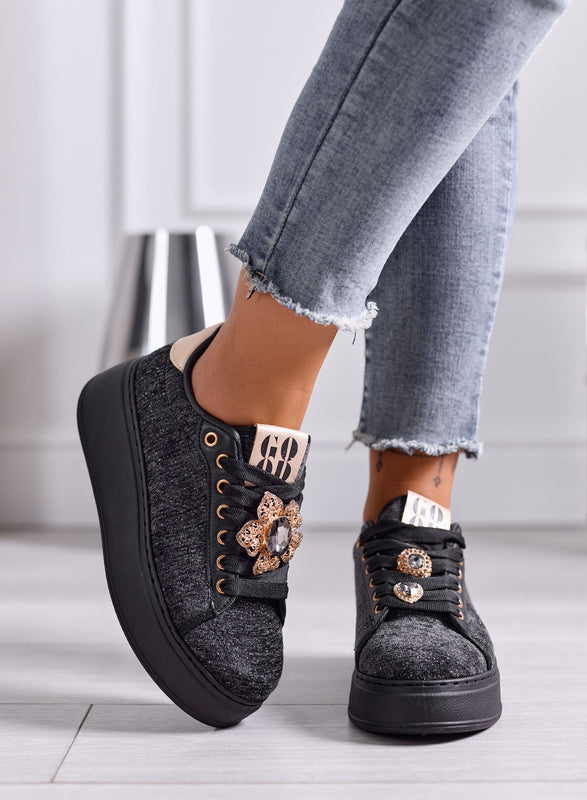 NINFA - Black platform sneakers in laminated fabric with jewel embellishment