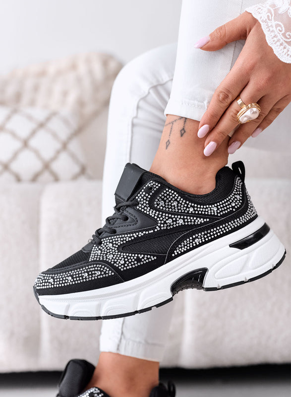 MARTINA - Baskets noires avec strass argentés et semelle plateforme épaisse