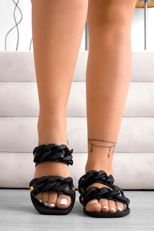 IBIZA - Alexoo black rubber beach sandals with chain