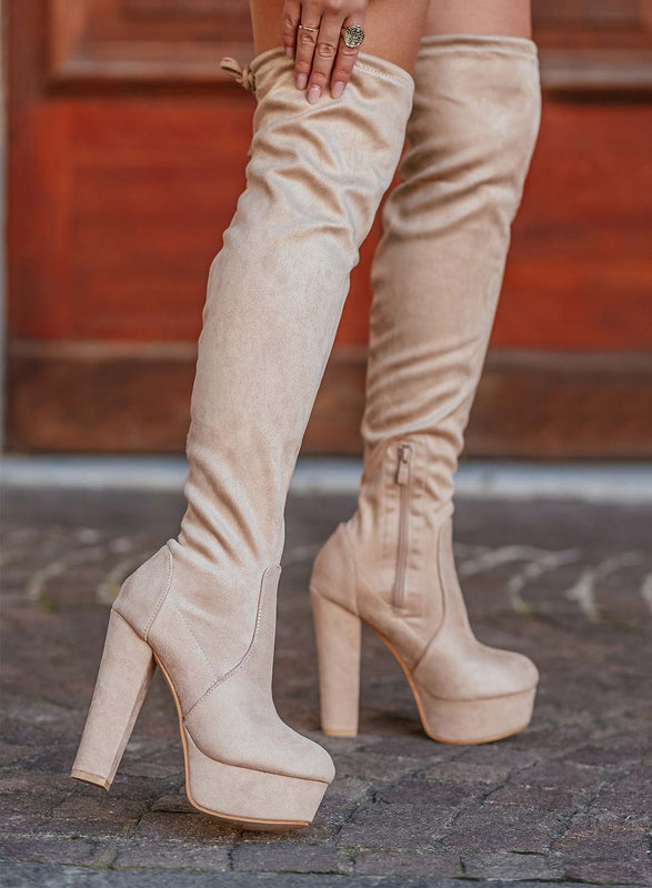 CLORIS - Beige suede over the knee boots