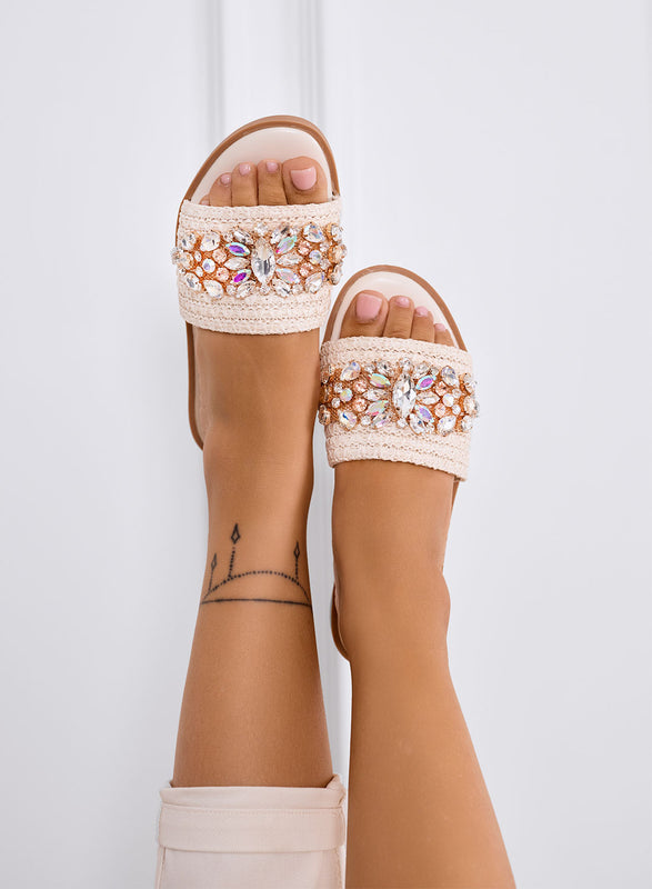 KRISTEN - Sandali Ciabatte beige con fascia crochet e maxi strass