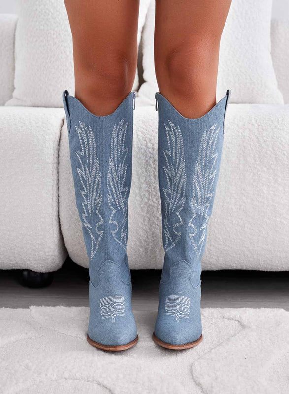 CECILIA - Blue denim camper boots with embroidery