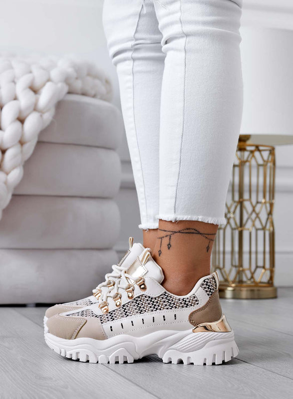 DOINA - Beige sneakers with contrasting panels and fabric inserts