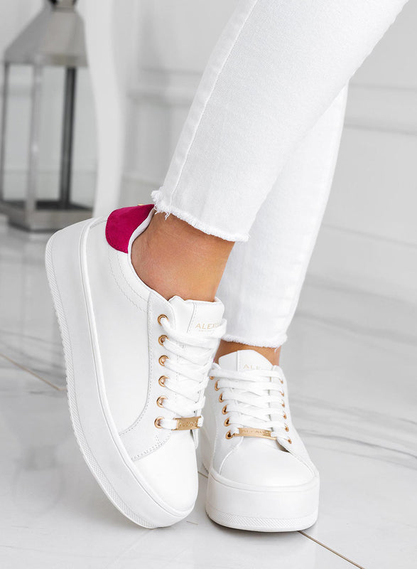 CARRY - Alexoo White Sneakers with gold trim and fuchsia back