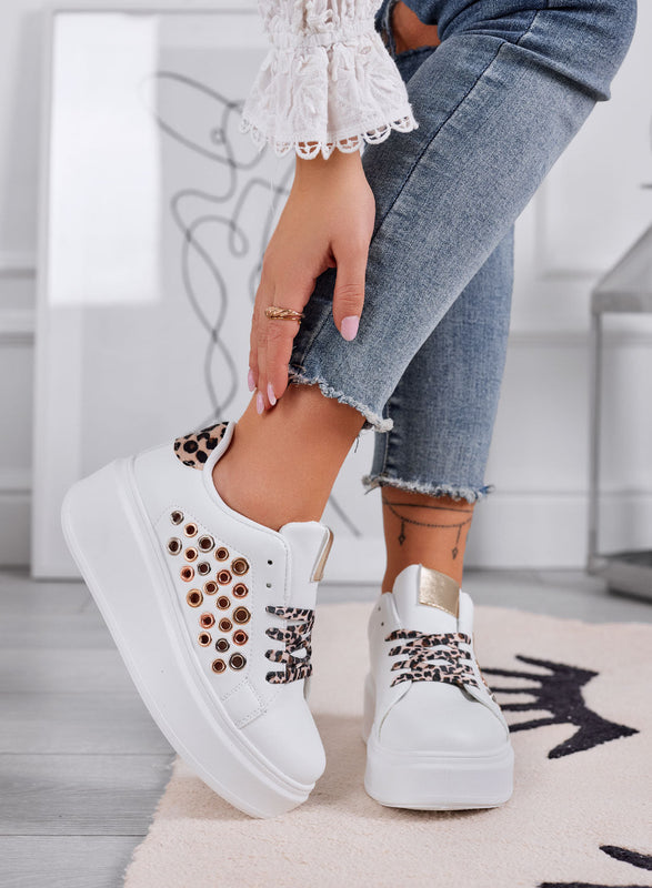 RAFFAELLA - White perforated sneakers with eyelets and animal print inserts