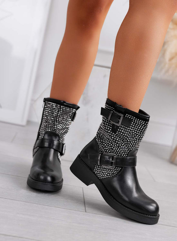 HERBY bottines biker noires avec strass gris et double boucle