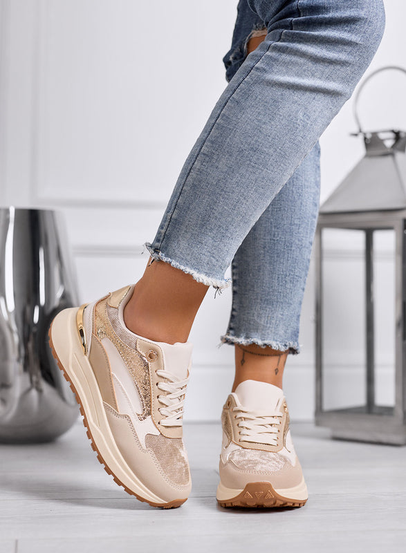 DONATA - Beige and gold sneakers with metallic details and platform sole