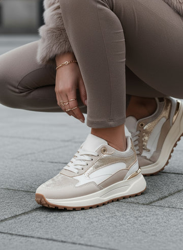 DONATA - Beige and gold sneakers with metallic details and platform sole