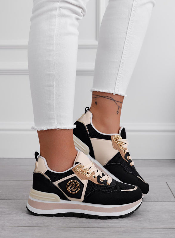 ERSILIA - Black fabric sneakers with beige inserts