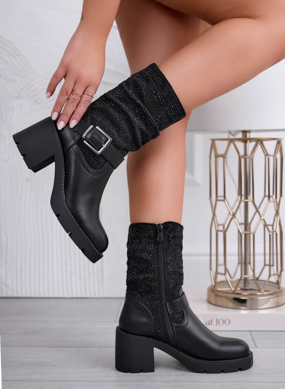 ADANA - Black ankle boots with buckle and rhinestones