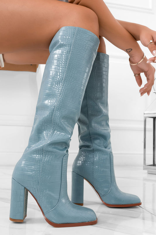 RIVER - Light blue boots with crocodrile print and block heels