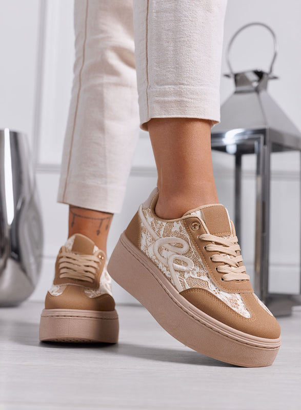 SHARON - Sneakers Donna camel con Pizzo e Suola Platform