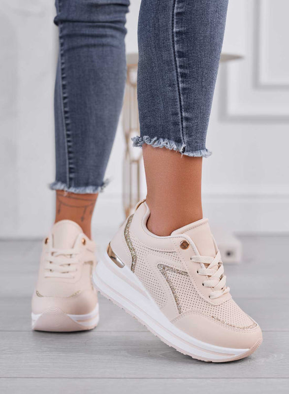 XENA - Beige sneakers with glitter inserts and wedge heel