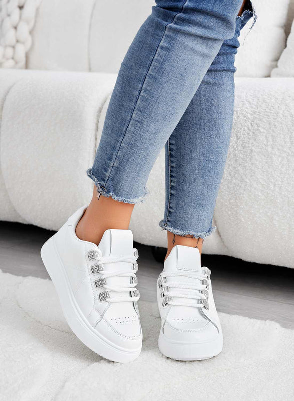 RACHELE - White sneakers with rhinestone inserts