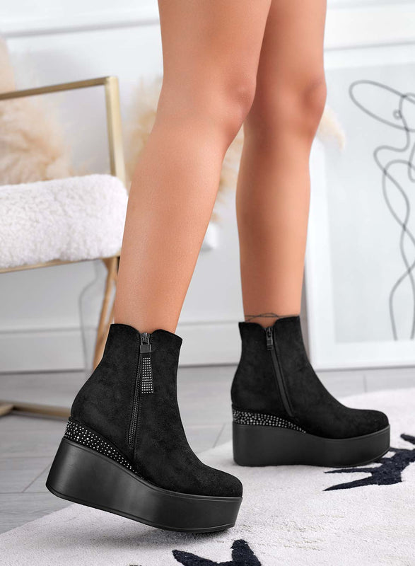 MARGHERITA -  Black ankle boots with wedge and rhinestones