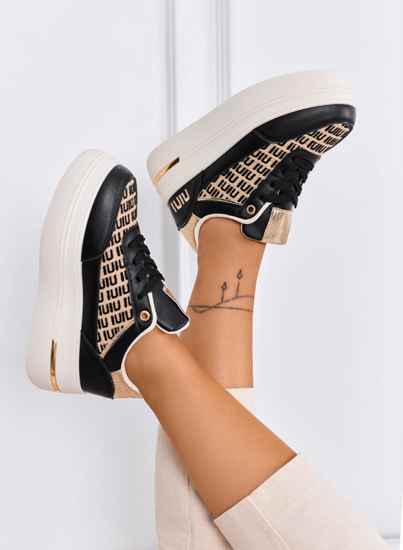 CAMILLA - Black platform sneakers with beige fabric inserts