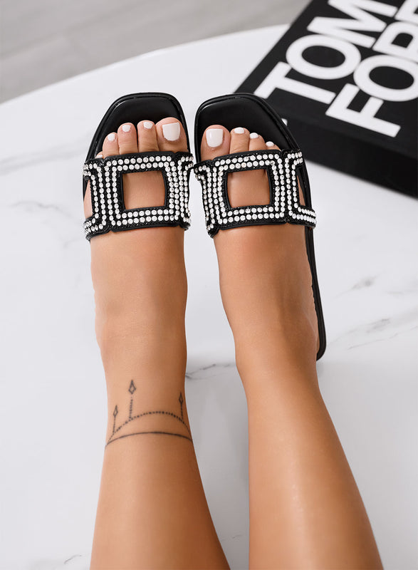 PAOLA - Sandalias negras bajas con strass y diseño geométrico de tira