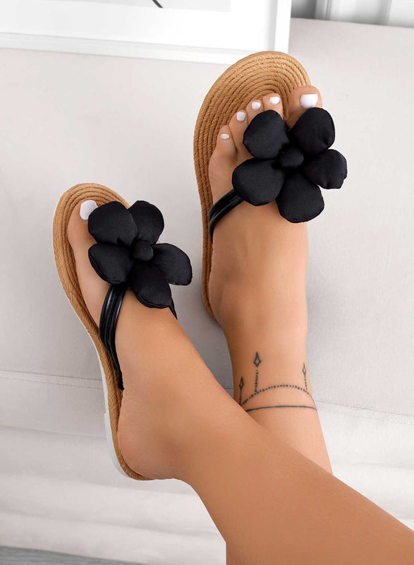 Sandali infradito bassi neri con fiore applicato