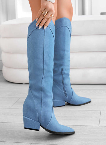 LINZI - Bottes camperos bleu jean avec semelle compensée intérieure