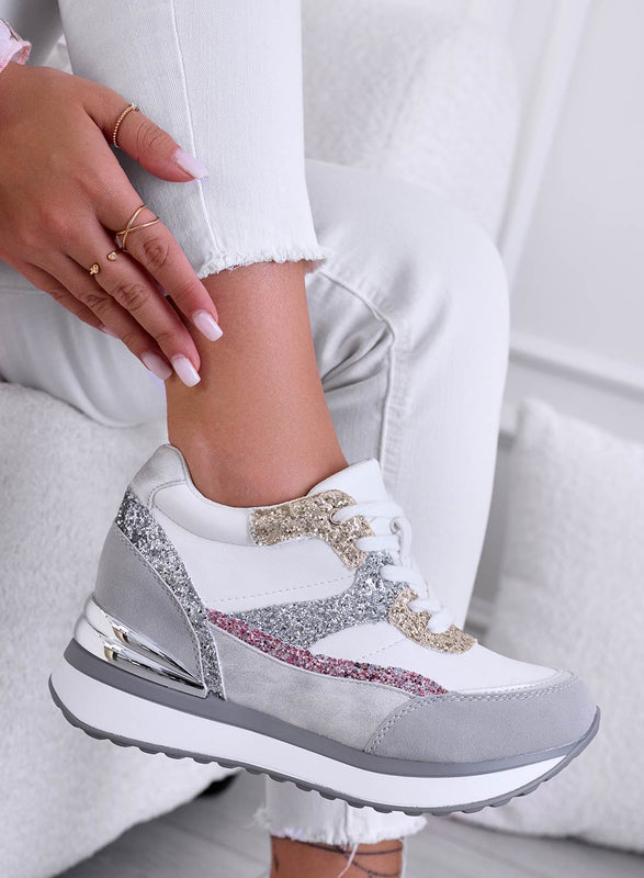 GENNY - Gray sneakers with gold and fuchsia glitter inserts