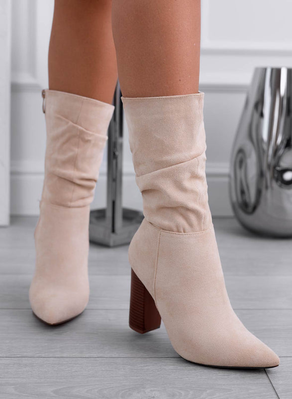 NALA - Beige suede ankle boots with faux wood heel