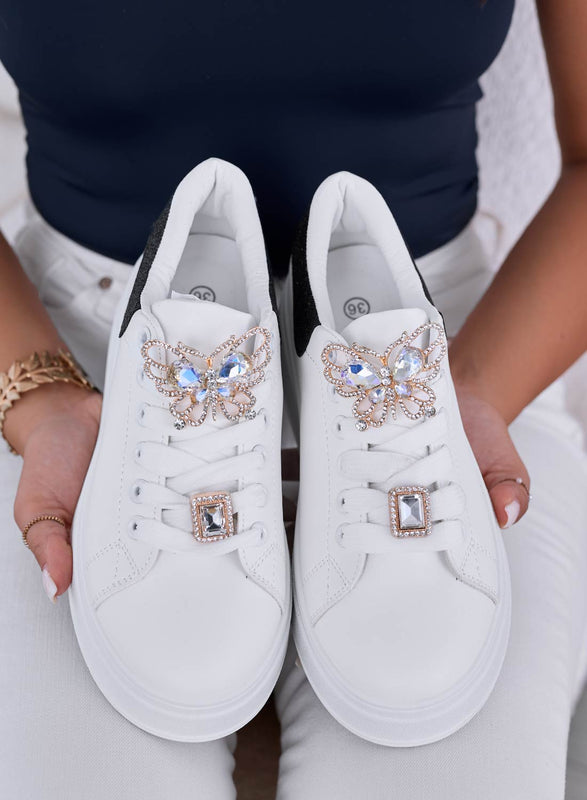 NOEMI - White sneakers with jewel butterfly application and black back