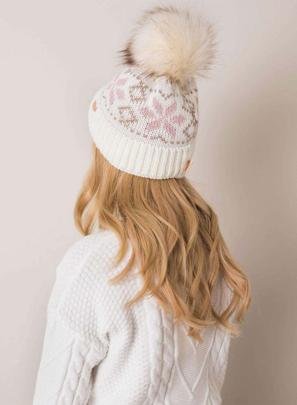Beige two-tone padded hat with faux fur pompom