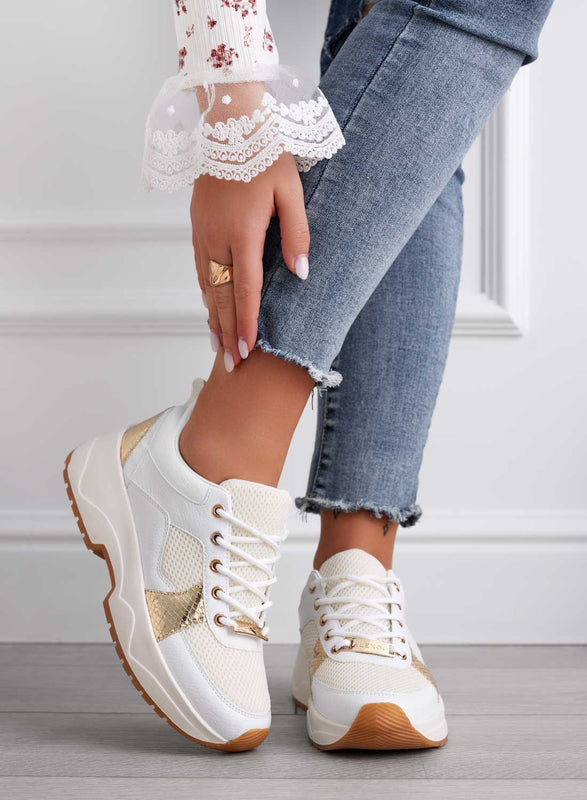 DAFFY - Perforated white Alexoo sneakers with gold inserts