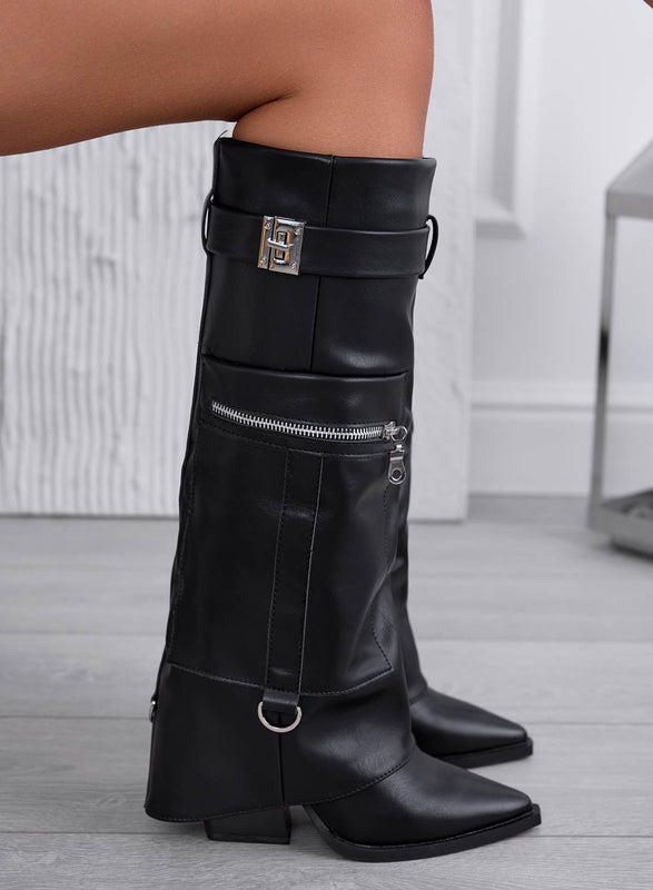 AUDREY - Black Boots with Cuff and Zip